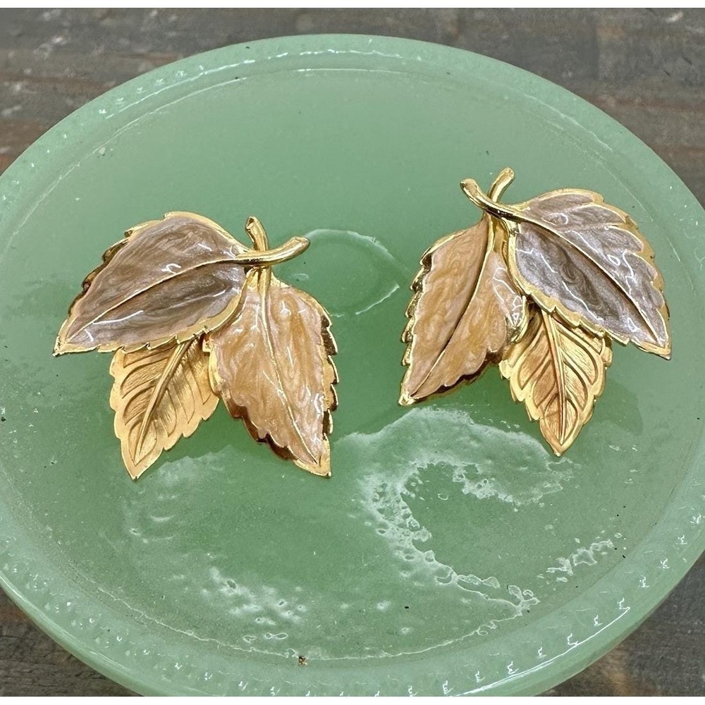 Vintage Enamel Earrings Large Leaf Leaves Cluster Gold Tone With Neutral Colors